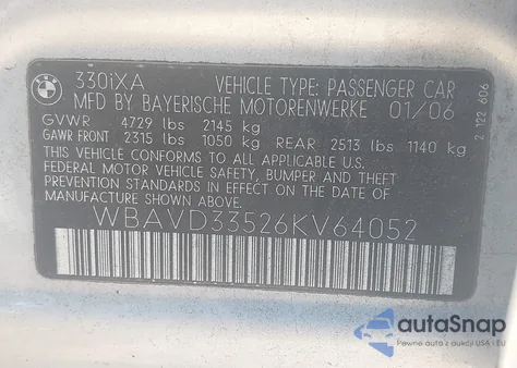 2006 BMW 330Xi из США, поврежденный, VIN WBAVD33526KV64052